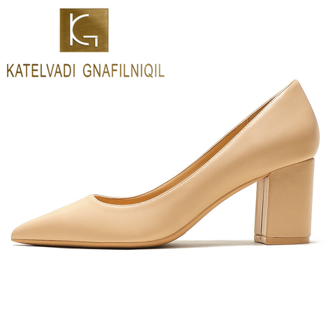 KATELVADI Shoes Woman Pumps 6.5CM High Heels Pointed Toe Split Leather Beige Shoes Square Heels Women Shoes HZL006 ► Photo 1/6