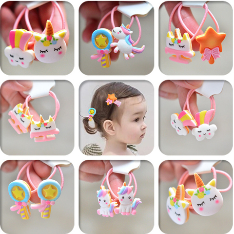 2PCS Cartoon Cute Rainbow White Horse Princess Headwear Kids Elastic Hair Bands Children Ropes Girls Accessories Baby Headdress ► Photo 1/6