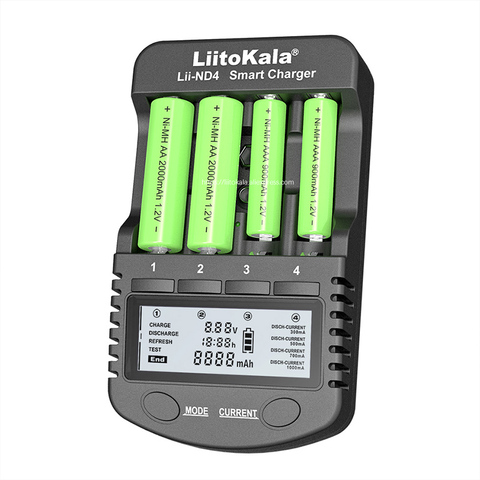 LiitoKala Lii-ND4 NiMH/Cd Charger AA AAA charger LCD Display and Test battery capacity For 1.2V aa aaa and 9V batteries. ► Photo 1/5
