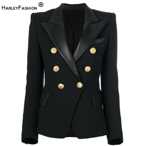 HarleyFashion 2022 Spring Autumn Quality European Design PU Leather Collar Slim Black Blazer OL Formal Classic Fittness Blazers ► Photo 1/4