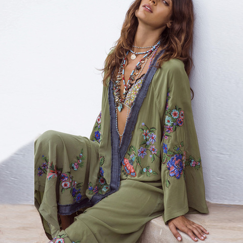 TEELYNN Long Boho Cardigan Light Green Floral Embroidery Beach Bikini Cover Up Kaftan Kimono Robe Summer Loose Women Blouses ► Photo 1/6