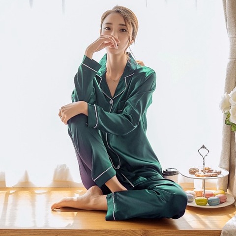 Womens Silk Satin Pajamas Pyjamas Set Long Sleeve Sleepwear Pijama Pajamas Suit Female Sleep Two Piece Set Loungewear Plus Size ► Photo 1/6