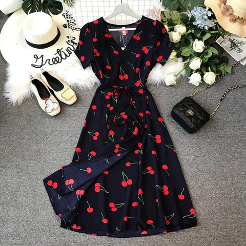 2022 Summer Elegant V-neck Cherry Print Women Dress Short sleeve Slim Bohemia Chiffon Dresses A-Line Ladies Wrap Dress Vestidos ► Photo 1/6