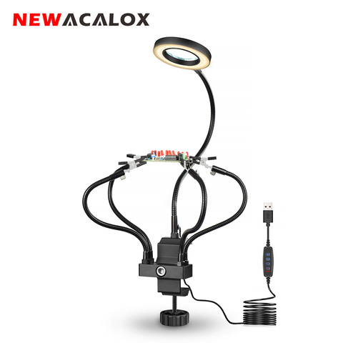 NEWACALOX 3X Magnifier USB LED Bench Vise Table Clamp Soldering Iron Holder Soldering Station 5pcs Flexible Arms Third Hand Tool ► Photo 1/6