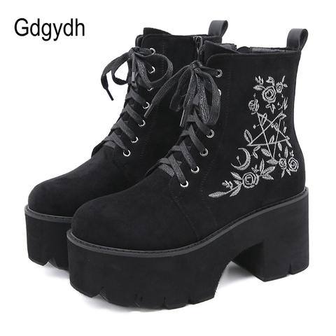 Gdgydh Fashion Flower Platform Boots Chunky Punk Suede Leather Womens Gothic Shoes Nightclub Lace Up Back Zipper High Quality ► Photo 1/6