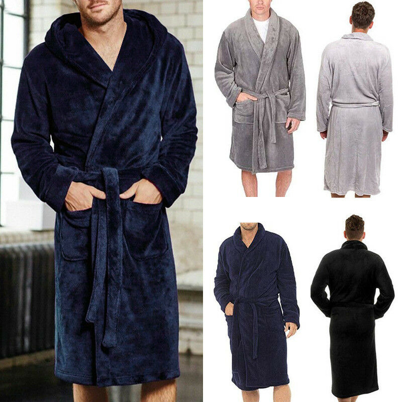 Mens Bathrobes Autumn and Winter Large Size Bathrobe Fashion Long-Sleeved V-Neck Fluffy Pajamas