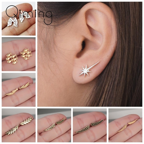 Bohemian Jewelry Leaf Geometric Fish Stud Earrings For Women Simple Bar Leaf Stud Earing Ear Climber Girls Gift ► Photo 1/6