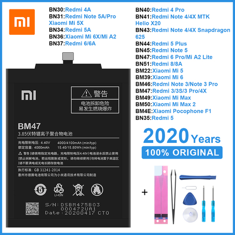 Original  Phone Battery BM47 BN30 BN34 BM22 for Xiaomi  Redmi 3 3S/X 4X 4/5/A 6 8  Note 3/4/4X/5/5A/6 Pro Mi 5 6 6X/Mi A2 Max 2 ► Photo 1/6