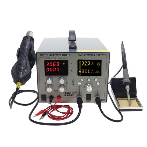 HANDSKIT 9305D SMD Rework Station Hot Air Gun and Soldering Iron DC Power Supply 0-30V 0-5A USB 5V 2A 4-in-1 Soldering Station ► Photo 1/6