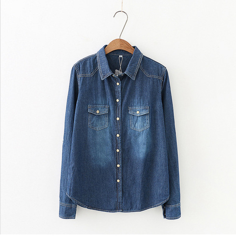 Autumn Women Lapel Button Blue Long Sleeves Denim Jean Shirts Pocket Slim Jeans tops Blouse Plus Size blusas mujer ► Photo 1/6