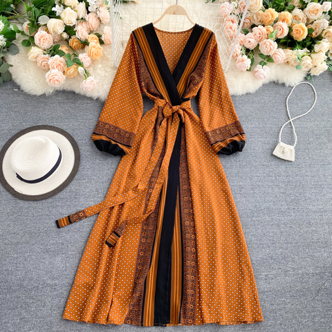 Spring Autumn Women Printed Long Dress Vintage Puff Long Sleeve High Waist A-Line Vestidos Female 2022 New Fashion Beach Robe ► Photo 1/6