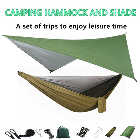 Camping Hammock with Mosquito Net and Rain Fly Tarp,Portable Parachute Tree Hammock Nylon Swing Hammocks Sun Shelter Rain Fly ► Photo 1/5