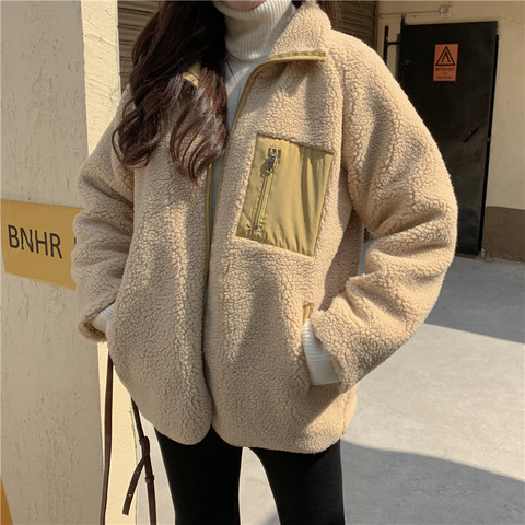 Women's Jacket Cropped Coat Winter Lamb Wool Casuals Fashion Oversize Clothing Warm Windproof Thicken Outwear Wear On Both Sides ► Photo 1/6