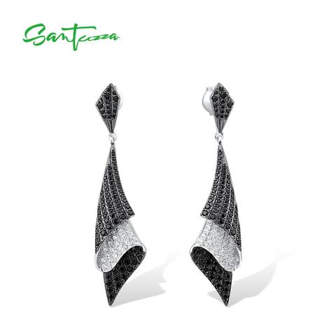 SANTUZZA Silver Earrings For Woman Genuine 925 Sterling Silver Folded Black Spinel White Cubic Zirconia Classical Fine Jewelry ► Photo 1/6