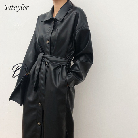 Fitaylor PU Leather Long Jacket 2022 New Spring Women Loose Belt Faux Leather Windbreaker Trench Coat Slim Spring Jacket ► Photo 1/6