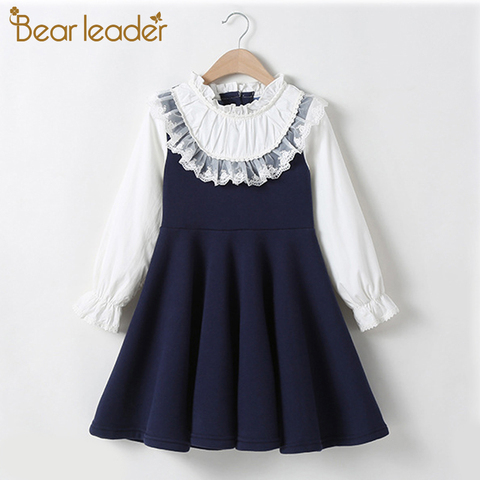 Bear Leader School New Girls Clothing Dress Baby Casual Dress Kids Patchwork Fall Clothes Children Long Sleeve Dress Blue White ► Photo 1/6