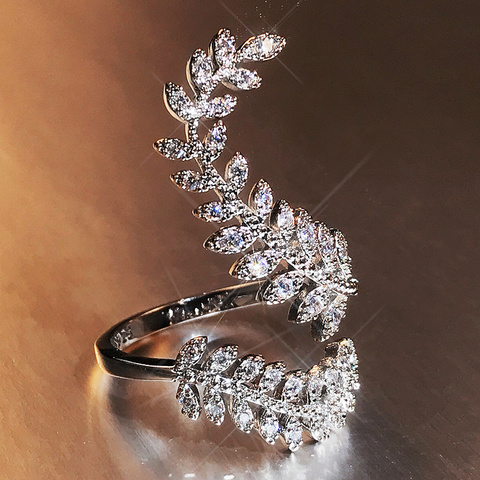 Huitan Graceful Leaves Both End of Open Ring Silver Color Girl Cocktail Party Rings Shine Crystal Zircon Fashion Women Jewelry ► Photo 1/6