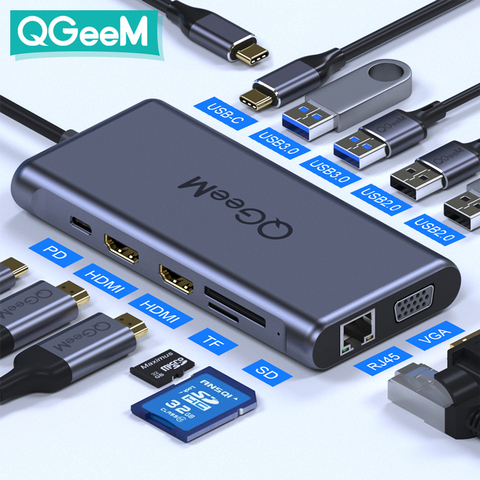 QGeeM USB C Hub for Macbook Pro Triple Display Type C Hub to 4K Dual HDMI VGA Micro SD Card Readers RJ45 Aux PD USB Hub Adapter ► Photo 1/6