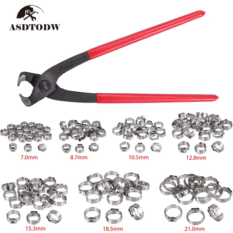5.8-21Mm 304 Stainless Steel Cinch Clamp Rings Single Ear Hose Clamp Crimper Tool With Single Ear Stepless Hose Clamps 130Pcs ► Photo 1/6