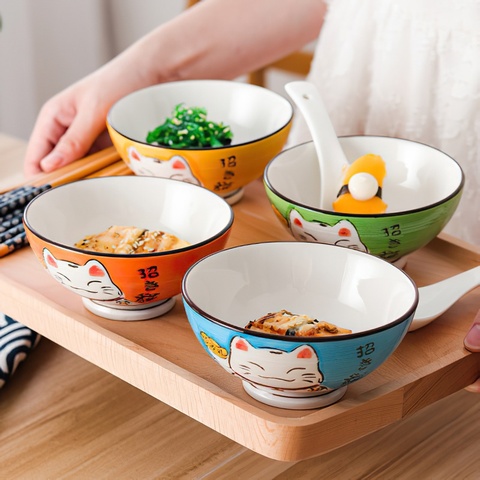 Ceramic High Bowl Multi-Sized Colorful Lucky Cat Soup Bowl Salad Bowl Underglaze Kitchen Household Tableware Children's Couple ► Photo 1/6