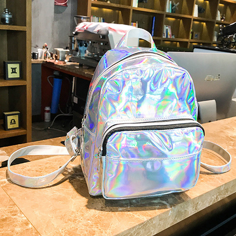 Women School Shiny Laser Mini Travel Student Cute Ladies Leather Hologram Backpacks Silver Small Holographic Backpack 362 ► Photo 1/6