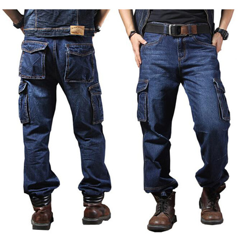 Men Jeans Straight Cargo Trousers Casual Cotton Overalls Mens Fashion Loose Seasons Men's Jeans Plus Size ► Photo 1/5