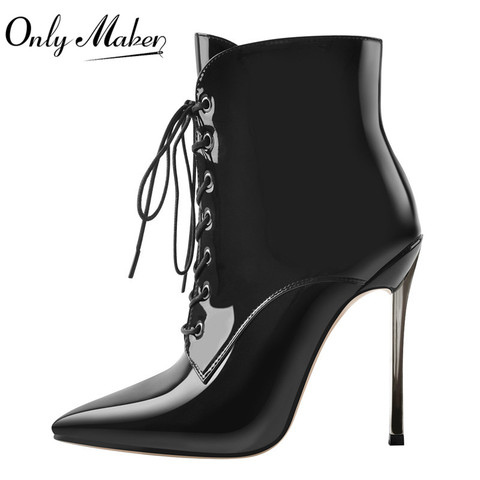 Onlymaker Women's Pointed Toe MetalThin High Heel Lace Up Ankle Booties Stiletto Side Zipper Boots Big size ► Photo 1/6