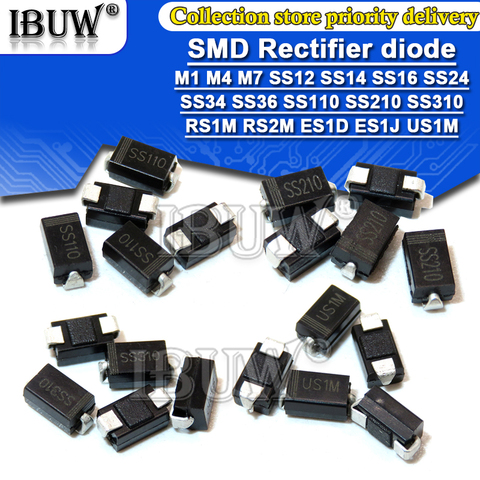 100PCS Rectifier diode M1 M4 M7 SS12 SS14 SS16 SS24 SS34 SS36 SS110 SS210 SS210 US1M RS2M ES1D DO-214AC Schottky diodes ► Photo 1/5