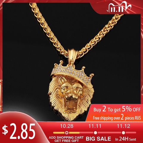 New Retro Lion Head Crown Shape Pendant Necklace Men's Necklace Fashion Crystal Inlaid Luminous Lion Pendant Accessories Jewelry ► Photo 1/6