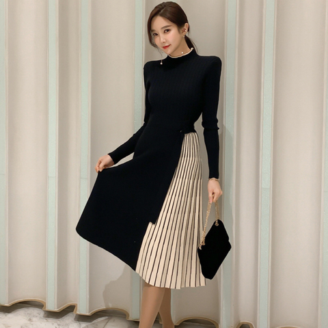 new arrival fashion women elegant office lady work style high quality winter thick warm knit elastic patchwork a-line dress ► Photo 1/6