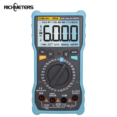 RICHMETERS 405A True-RMS 20A Digital Multimeter 6000 Counts AC/DC Voltage Current Ohm Temperature Auto/Manual Square Wave ► Photo 1/6