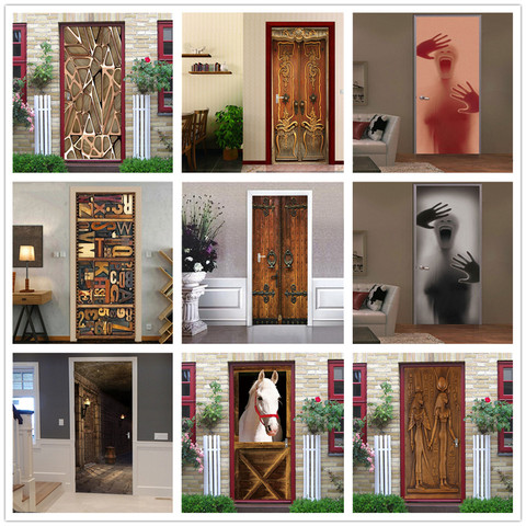 2PCS/SET Door Sticker PVC Self-adhesive Waterproof 3D Removable Home Decor Wine Shelf Decals DIY Wall Art Mural stickers porte ► Photo 1/6