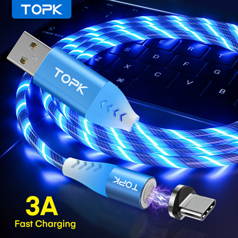TOPK 3A Flowing Light LED Magnetic Cable Micro USB Type C Cable Fast charging Data Cable for iPhone Samsung USB-C Phone Cables ► Photo 1/6