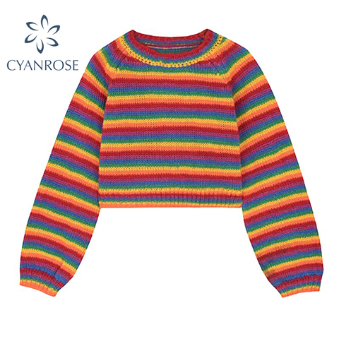 Women Colorful Striped Rainbow Knitted Sweater 2022 Autumn Winter Korean Style Casual Long Sleeve Pullover female Crop Top ► Photo 1/5