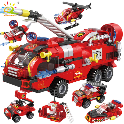 HUIQIBAO 387pcs 6in1 Fire Fighting Trucks Car Helicopter Boat Building Blocks City Firefighter Firemen Figures Bricks Toys Child ► Photo 1/6