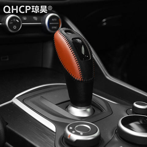 QHCP Leather Gear Knob Cover Trims Hand Sewing Gear Head Decorative Stickers Black Red Black Brown For Alfa Romeo Giulia Stelvio ► Photo 1/5