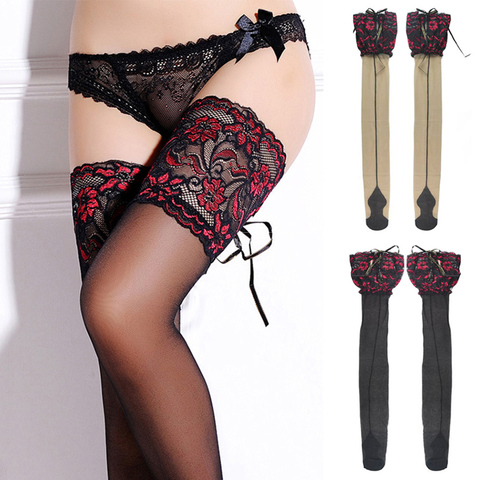 Sexy Women Fishnet Stockings Heel Back Seam Stockings Ladies Wide Lace Flower Silicone Bandage Thigh High Stockings ► Photo 1/6