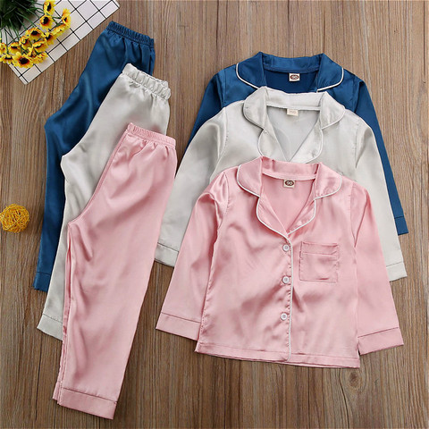 1-7Y Kids Baby Girls Boys Silk Satin Pajamas Set Children Long Sleeve Button-Down Pyjamas Sleepwear Nightwear Summer Autumn ► Photo 1/6