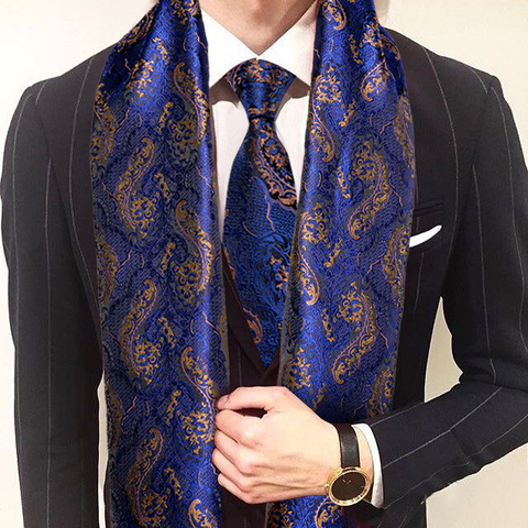 New Fashion Men Tie Blue Gold Jacquard Paisley 100% Silk Scarf Autumn Winter Casual Business Suit Shirt Shawl Scarf Barry.Wang ► Photo 1/6