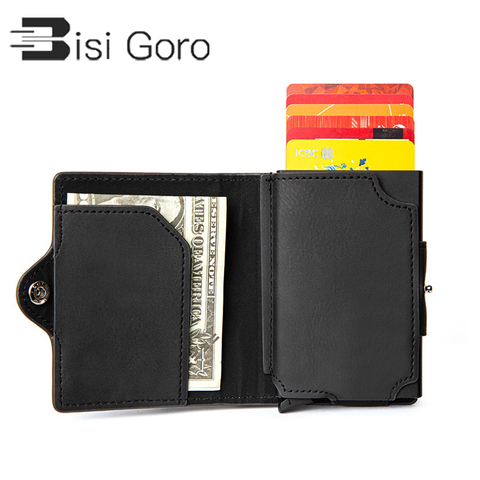 BISI GORO Button Smart Wallet Coin Zipper RFID Blocking 2022 PU Aluminum Business Credit Card Holder Purse Brown Black Cover ► Photo 1/6