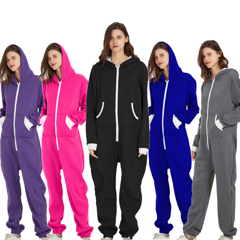 Men Sleepwear Jumsuits Hooded Pockets  Zipper Onesies One Piece Solid Pajamas Homewear Long Sleeve Nightwear Women Pyjamas Casua ► Photo 1/6