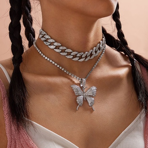 Iced Out Butterfly Necklace Set Cuban Link Chain Choker Necklace Women Girls Butterfly Chains Bling Hip Hop Pendant Jewelry Gift ► Photo 1/6