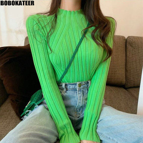 Pullover Women Sweater Vintage Tight Half Turtleneck Sweater Women Autumn Clothes Pink Knitted Tops Green Winter Jumper 2022 ► Photo 1/6