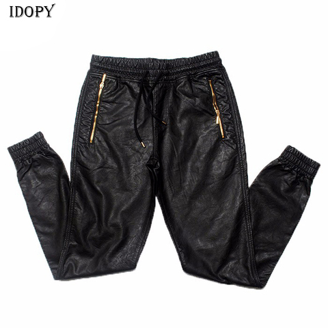Idopy Men`s Autumn Faux Leather Joggers Harem Pants Hip Hop Ankle Gold Zippers Elastic Waist Drawstring PU Trousers For Male ► Photo 1/6