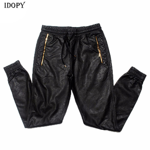 Idopy Men`s Autumn Faux Leather Joggers Harem Pants Hip Hop Ankle Gold Zippers Elastic Waist Drawstring PU Trousers For Male ► Photo 1/6