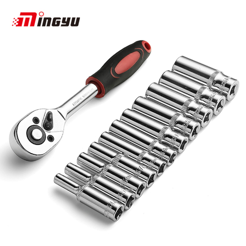 1/4 inch Ratchet Wrench Socket Set Hand Tool Set Hex Short Deep Wrench Head with Handle E type Spanner Bits Kit ► Photo 1/6