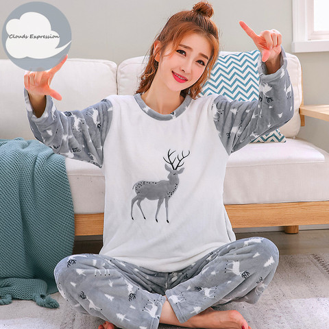 Winter Flannel Women Sleepwear Pajamas Girls Cartoon Print Pajama Set Pullover Coral Fleece Pijamas Mujer Home Suits 3XL ► Photo 1/6