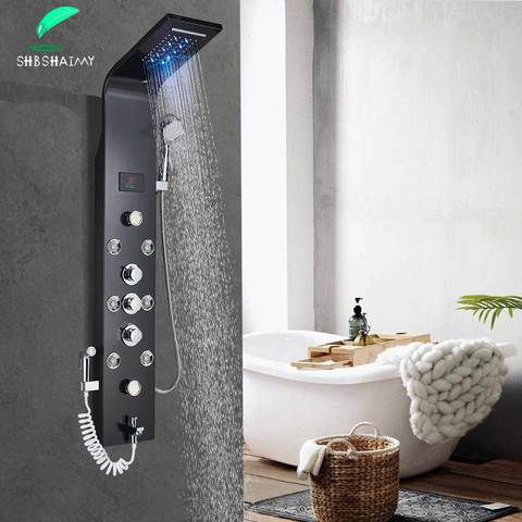 SHBSHAIMY Black Shower Panel Wall Mounted LED Rainfall Waterfall Shower Head Rain Massage Stainless Steel Bathroom Shower Panel ► Photo 1/1