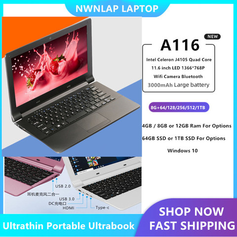 NWNLAP 11.6inch 8GB RAM - 64GB/128GB/256GB/512GB/1TB SSD Quad Core CPU Office Home Ultrathin Ultrabook Laptop Computer ► Photo 1/6