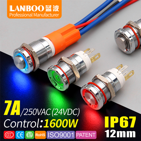 LANBOO 12E series high quality switch 7A high power 1NO With ring or power LED IP67 metal push button switch with car boat ► Photo 1/5